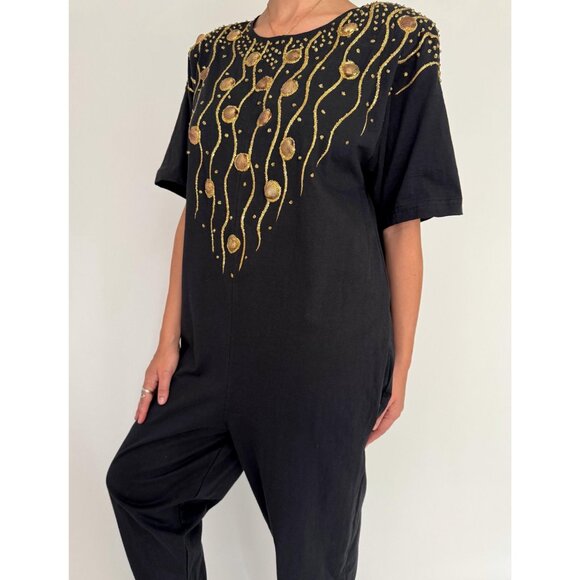 80s black embellished hand painted glitter seashell cotton pant jumpsuit romper - Picture 5 of 10